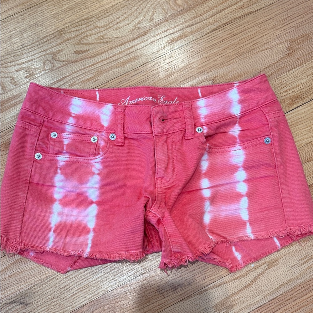 American Eagle Outfitters Coral Pink Tie-Dye Denim Shortalls